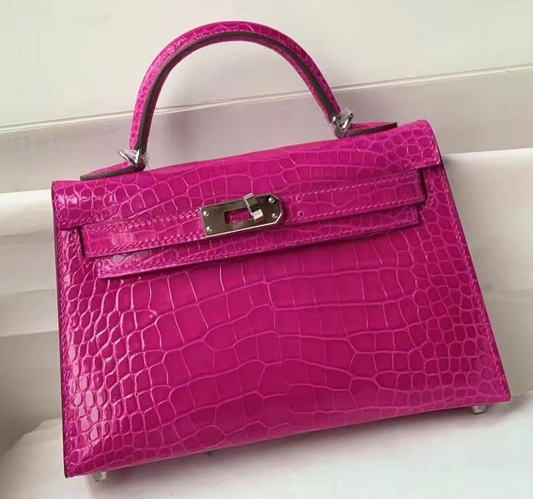 Uncle Bench Hermes Mini Kelly Alligator Shiny Rose purple Silver Hardware 19cm Full Handmade
