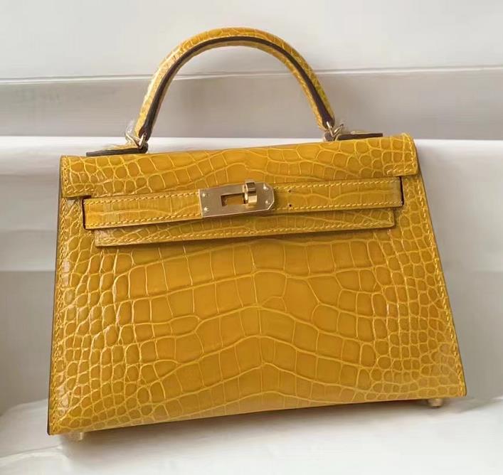 Uncle Bench Hermes Mini Kelly Alligator Shiny Amber yellow Gold Hardware 19cm Full Handmade
