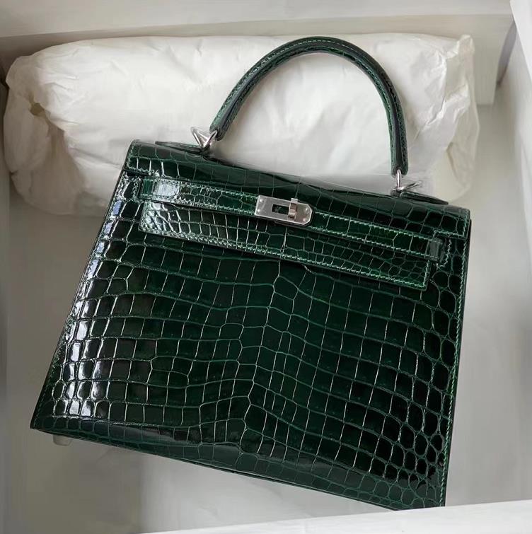 Uncle Bench Hermes Kelly crocodile Shiny Dark green Silver Hardware 25cm Full Handmade