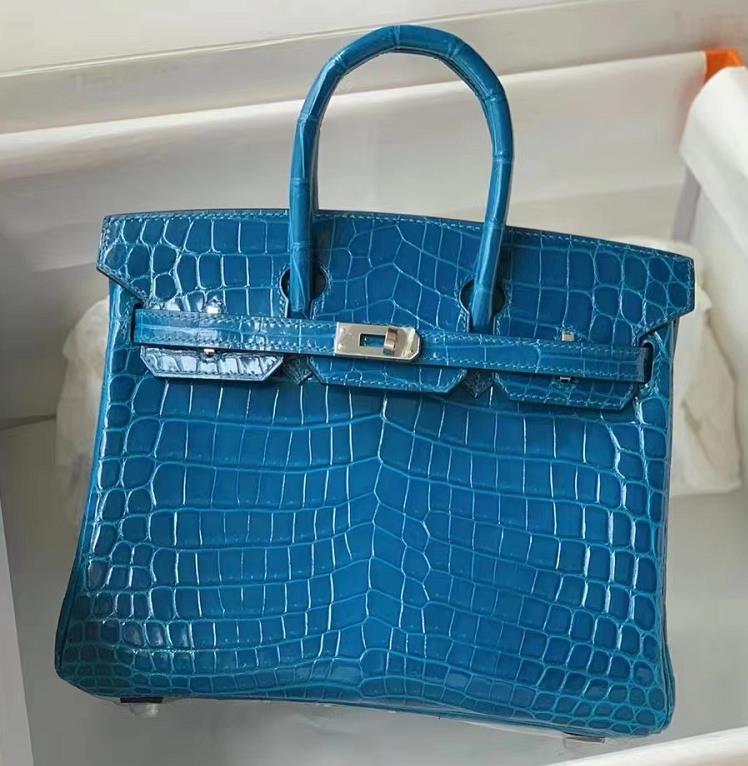 Uncle Bench Hermes Birkin crocodile Shiny Blue Silver Hardware 25cm Full Handmade