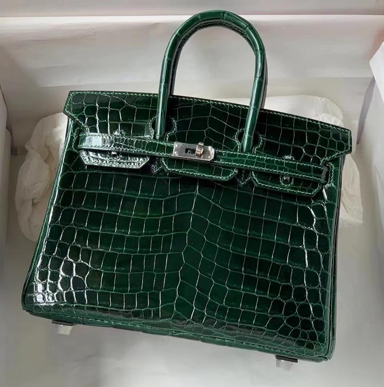 Uncle Bench Hermes Birkin crocodile Shiny Dark green Silver Hardware 25cm Full Handmade