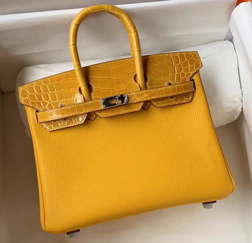 Uncle Bench Hermes Birkin Touch Togo & crocodile Shiny Yellow Silver Hardware 25cm Full Handmade