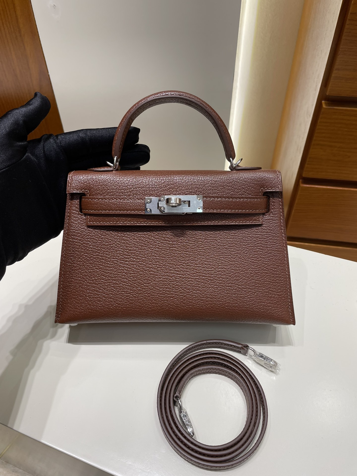 Uncle Bench Hermes Mini Kelly ll chevre Brown Silver Hardware 19cm Full Handmade