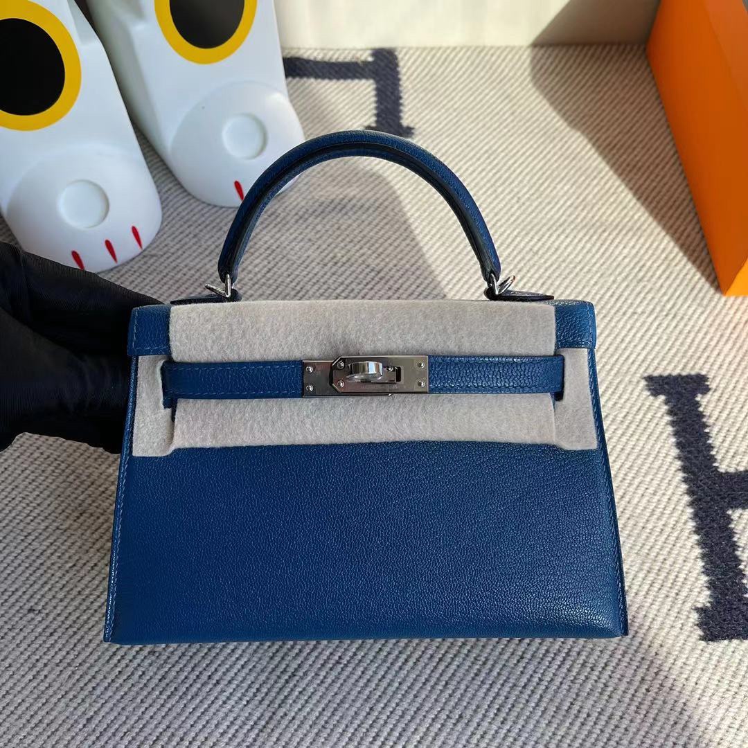 Uncle Bench Hermes Mini Kelly ll chevre S4 Deep blue & rose purple Silver Hardware 19cm Full Handmade