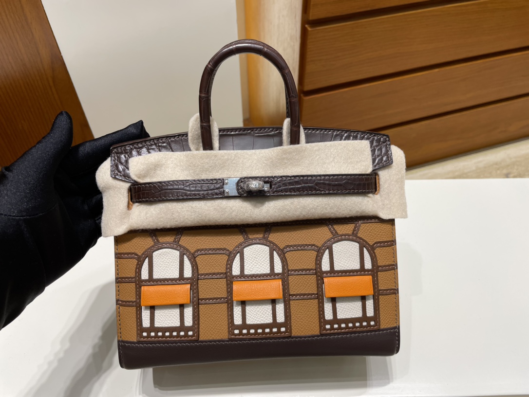 Uncle Bench Hermes Birkin small house Brown & White crocodile Silver Hardware 20cm Full Handmade