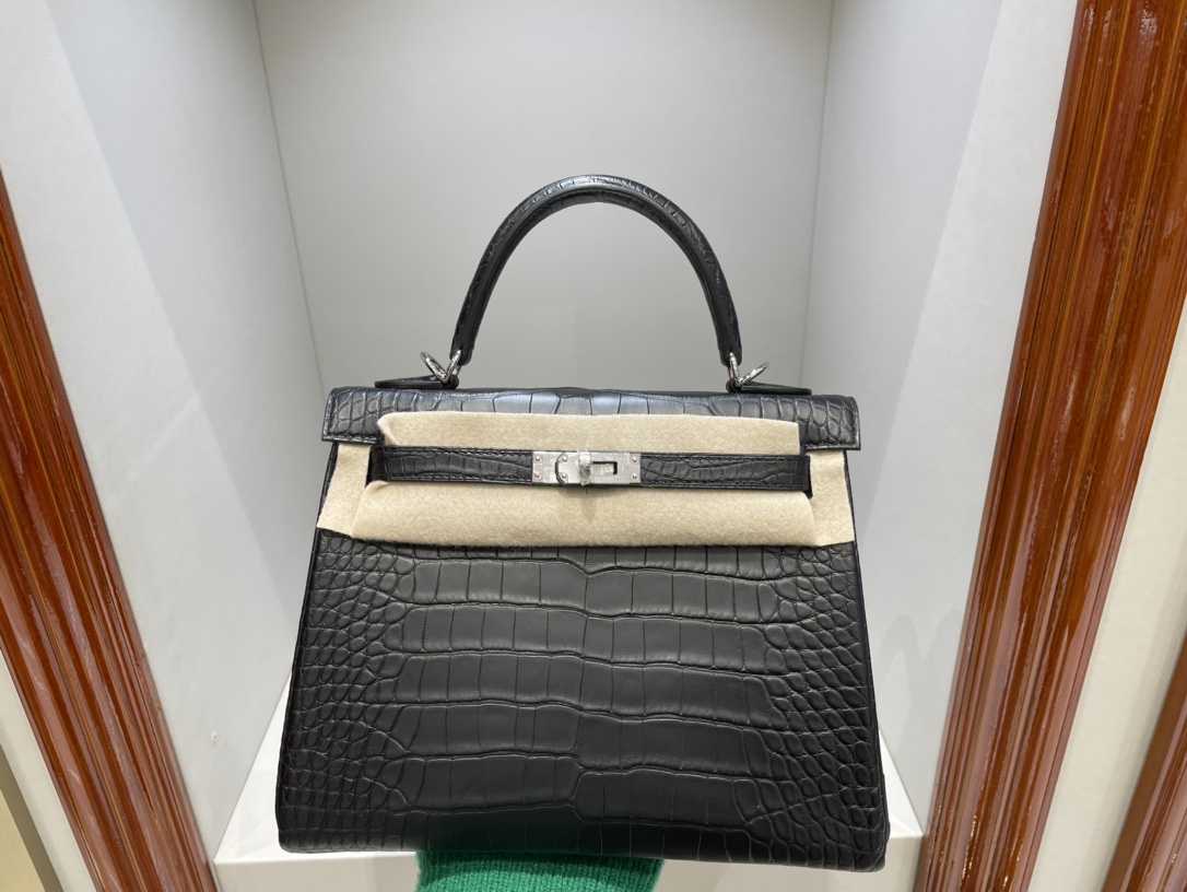 Uncle Bench Hermes Kelly Alligator matt ck89 Noir Silver Hardware PHW 25cm Full Handmade