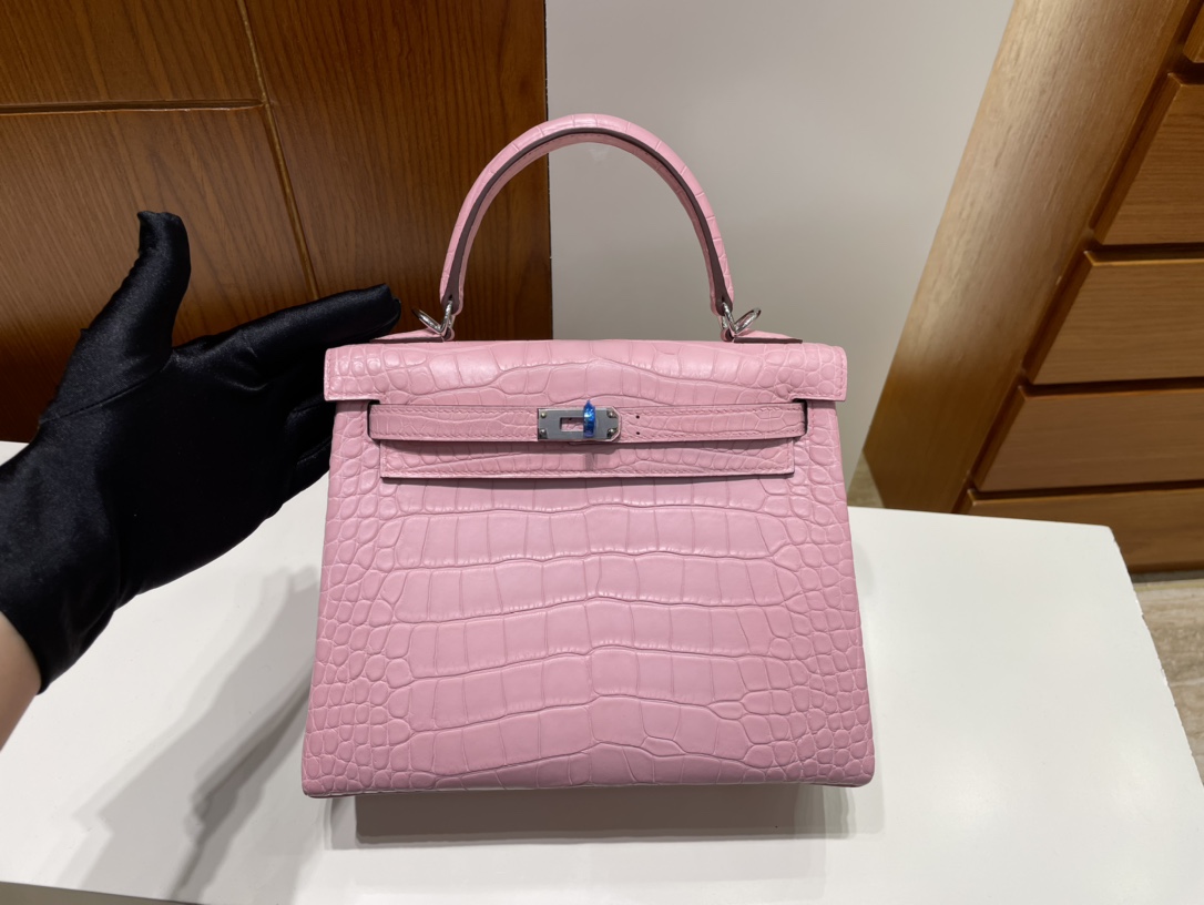Uncle Bench Hermes Kelly Alligator matt 3Q Pink Silver Hardware PHW 25cm Full Handmade