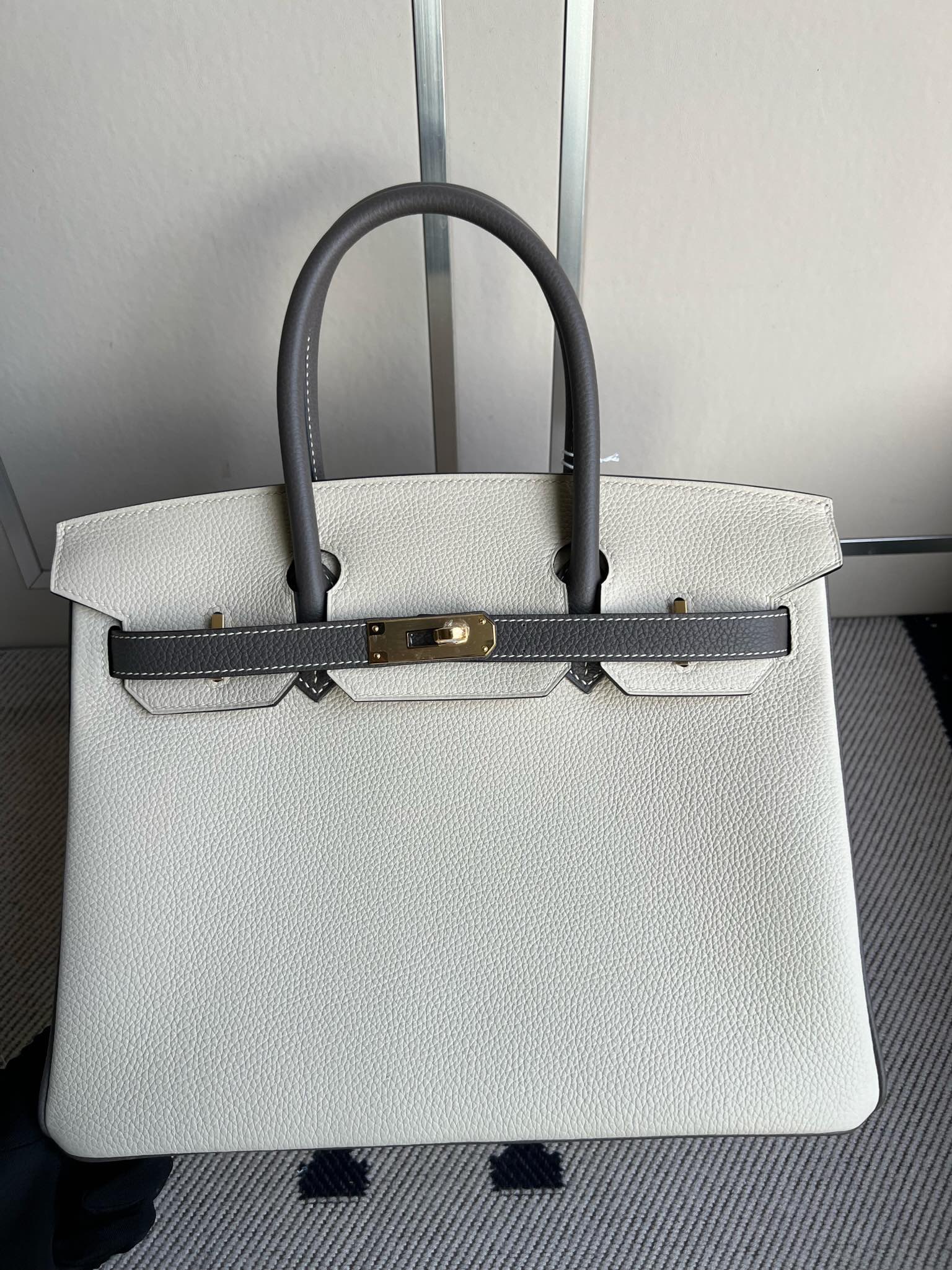 Uncle Bench Hermes Birkin togo ck10 Creamy white & Etain grey Gold Hardware 30cm Full Handmade