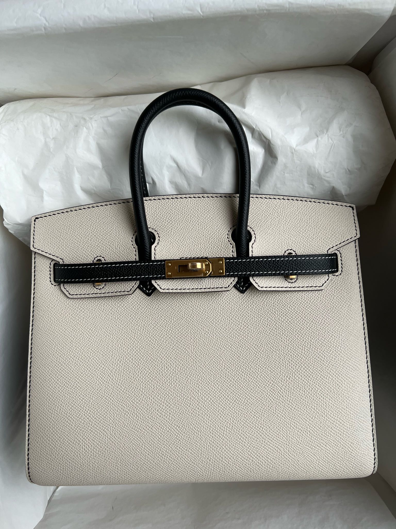 Uncle Bench Hermes Birkin sellier epsom Creamy white & Black Gold Hardware GHW 25cm Full Handmade