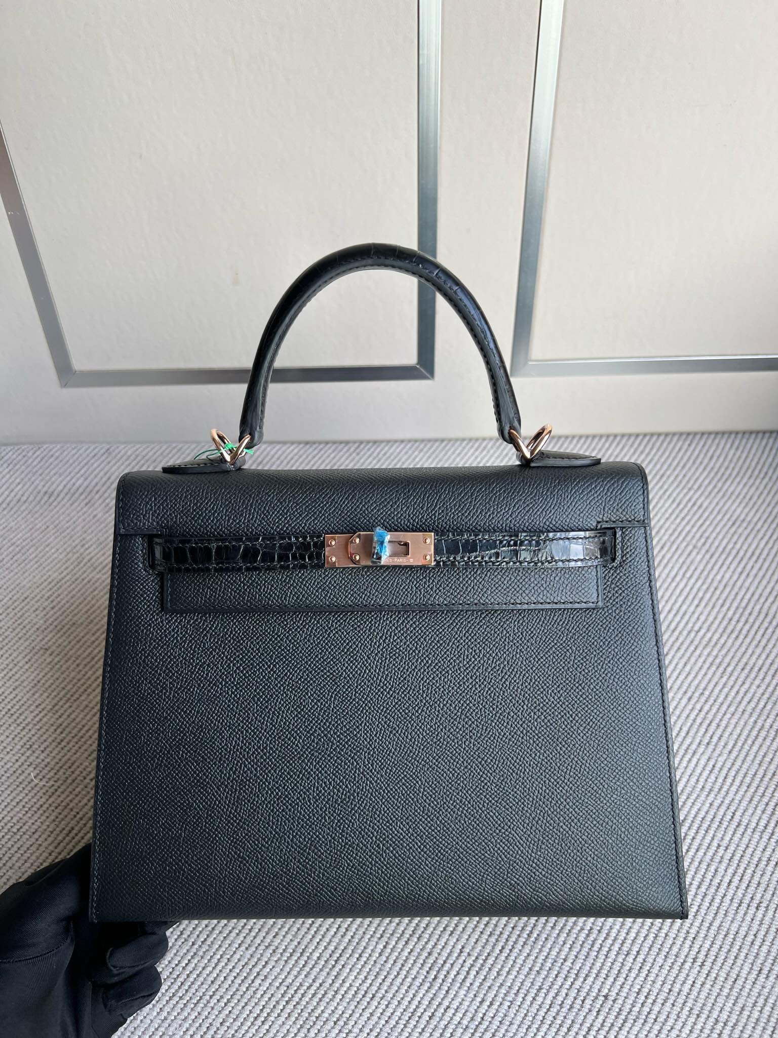 Uncle Bench Hermes Kelly Touch Epsom & shiny crocodile ck89 Noir Rose Gold Hardware 25cm Full Handmade