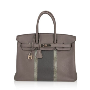 Hermes Limited Edition Club Birkin 35 Bag Etain & Graphite Clemence Leather Gris Fonce Lizard
