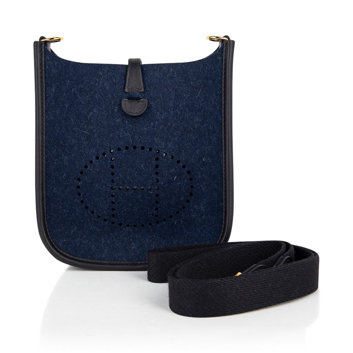 Hermès Mini Evelyne TPM Blue Feutre Black Swift Leather with Gold Hardware – Limited Edition Hermes Limited Edition Mini Evelyne TPM Bag Blue Feutre Black Swift Leather with Gold Hardware