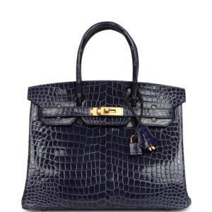 Hermes Birkin 30 Bleu Encre Shiny Porosus Crocodile Gold Hardware