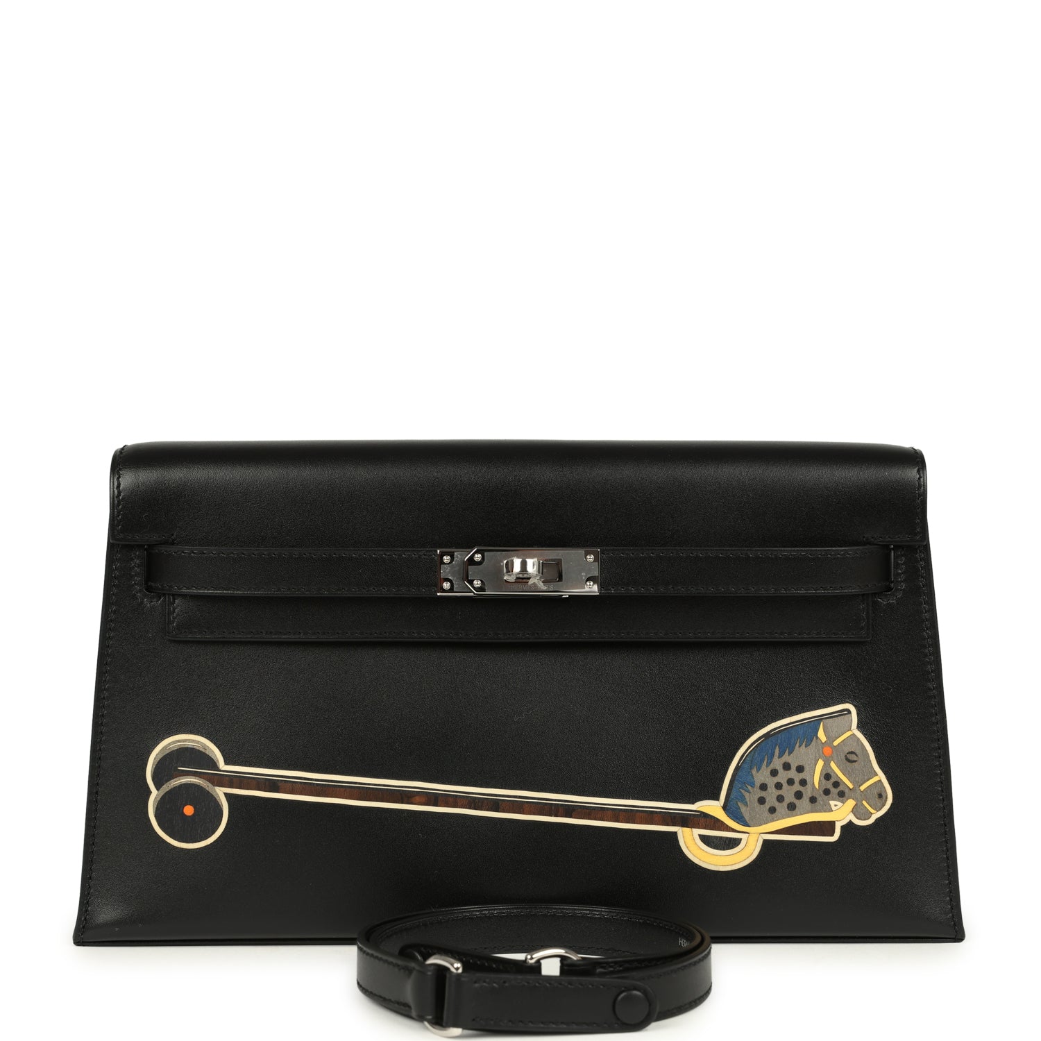 Hermès Kelly Elan "cheval de Bois" Black and Multi Tadelakt Palladium Hardware Hermes Kelly Elan "Cheval De Bois" Black and Multi Tadelakt Palladium Hardware
