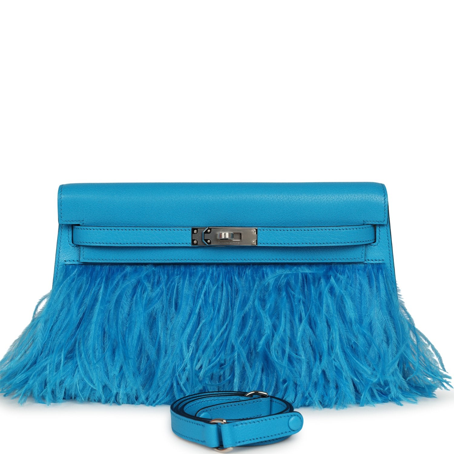 Hermès Kelly Elan Foile Bleu Frida Chevre Chamkila and Ostrich Feathers Palladium Hardware Hermes Kelly Elan Foile Bleu Frida Chevre Chamkila and Ostrich Feathers Palladium Hardware
