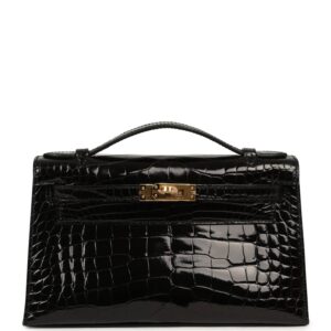 Hermes Special Order (HSS) Kelly Pochette Black Verso Shiny Alligator Gold Hardware
