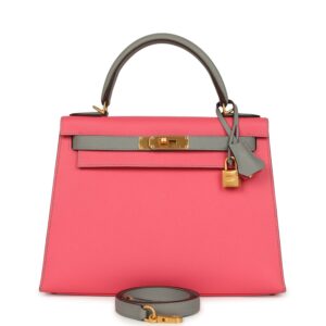 Hermes Special Order (HSS) Kelly Sellier 28 Rose Azalee, Gris Mouette Epsom Brushed Gold Hardware