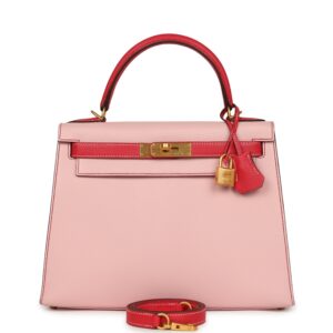 Hermes Special Order (HSS) Kelly Sellier 28 Rose Sakura, Rose Extreme Chevre Brushed Gold Hardware