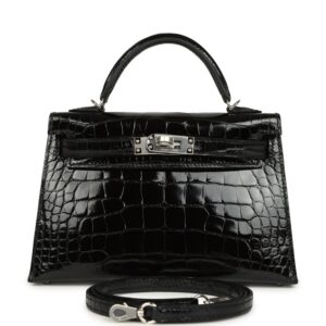 Hermes Kelly Sellier 20 Black Shiny Alligator Palladium Hardware