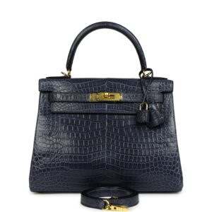Hermes Kelly Retourne 28 Bleu Nuit Satin Matte Porosus Crocodile Gold Hardware