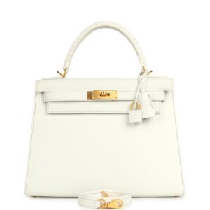 Hermes Special Order (HSS) Kelly Sellier 28 White Epsom Brushed Gold Hardware