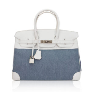Hermes Limited Edition Vintage Birkin 35 Blue Denim Toile White Epsom Leather with Brushed Palladium Hardware