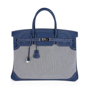 Hermes Birkin Limited Edition 40 Ghillies Bag Blue de Prusse Blue Toile with Palladium Hardware
