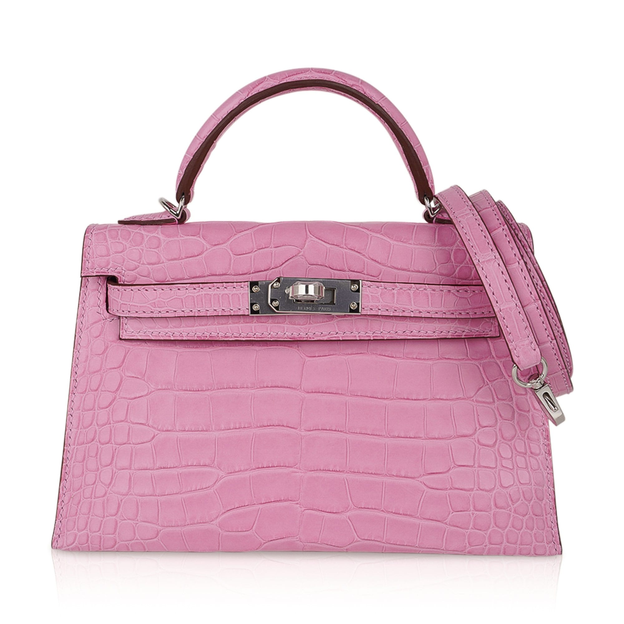 Hermès Kelly 20 Mini Sellier 5P Pink Matte Alligator Palladium – Limited Edition Hermes Kelly 20 Mini Sellier Bag 5P Pink Matte Alligator Palladium Limited Edition