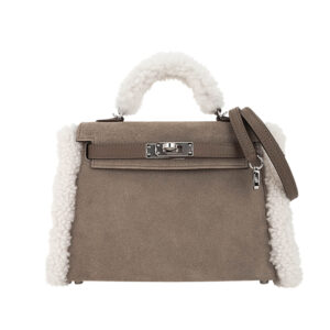 Hermes Kelly 20 Teddy Bag Pluch Shearling Gris Caillou Grizzly and Etoupe Swift Leather