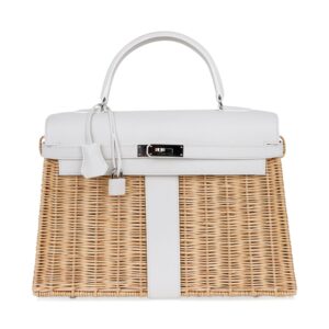 Home Hermes Kelly 35 Picnic Bag White Swift Leather / Osier (Wicker) Limited Edition