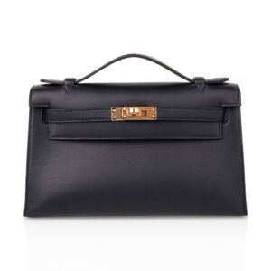 Hermes Kelly Pochette Bag Black Swift Leather with Gold Hardware