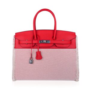 Hermes Limited Edition Birkin 35 Bag Fray Fray Framboise Toile and Swift Leather with Palladium Hardware