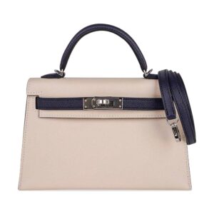 Hermes Special Order HSS Mini Kelly 20 Bag Sellier Craie & Blue Indigo Epsom Leather with Palladium Hardware