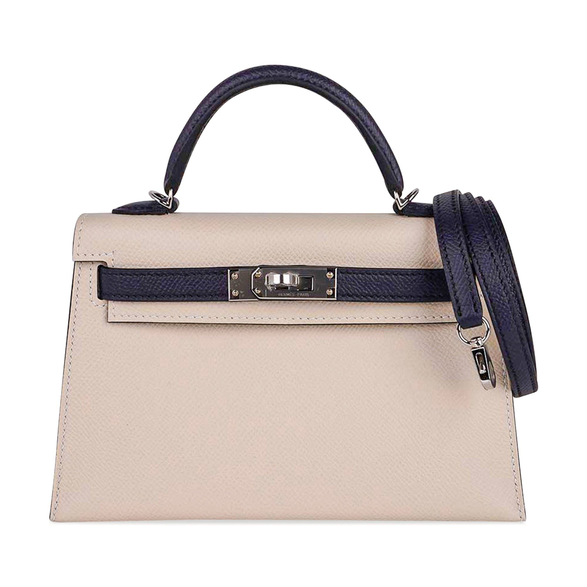 Hermès Special Order HSS Mini Kelly 20 Sellier Craie and Blue Indigo Epsom Leather with Palladium Hardware Hermes Special Order HSS Mini Kelly 20 Bag Sellier Craie & Blue Indigo Epsom Leather with Palladium Hardware